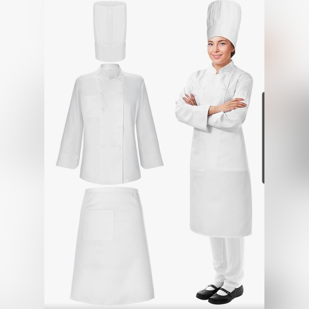 3 Piece Unisex Classic White Chef Uniform Size Medium